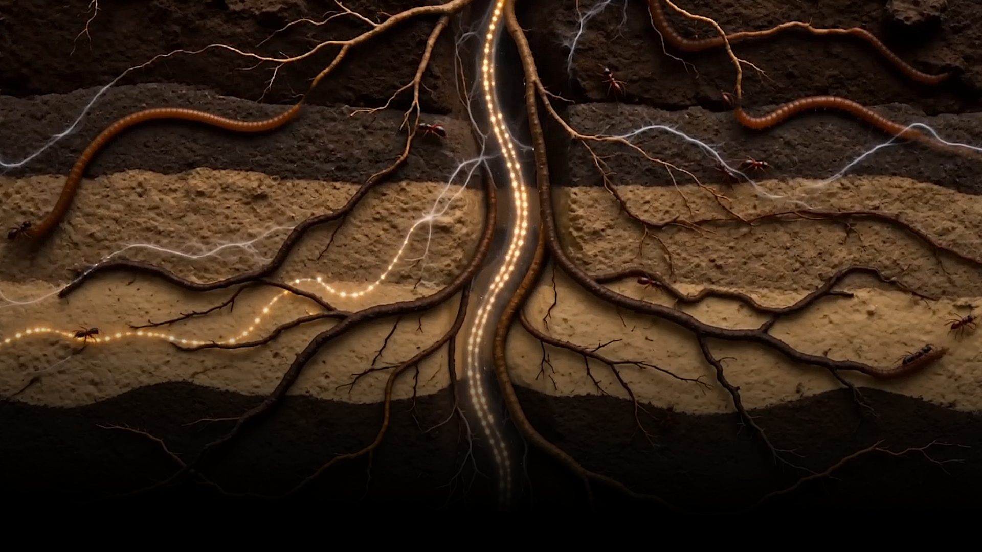 Glowing root network beneath the forest floor